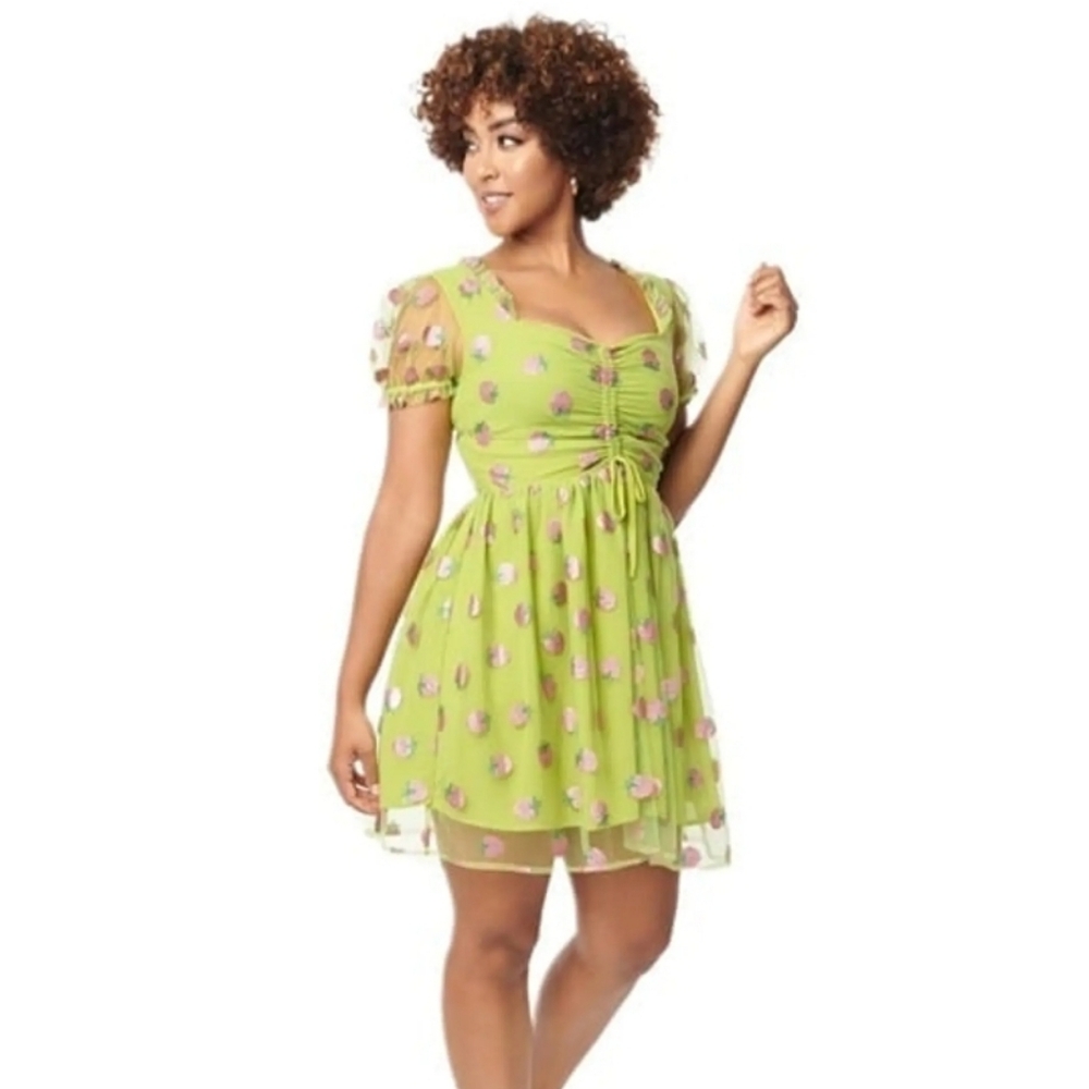 NEW Smak‎ Parlour glitter strawberry fields avocado green cinch front dress L